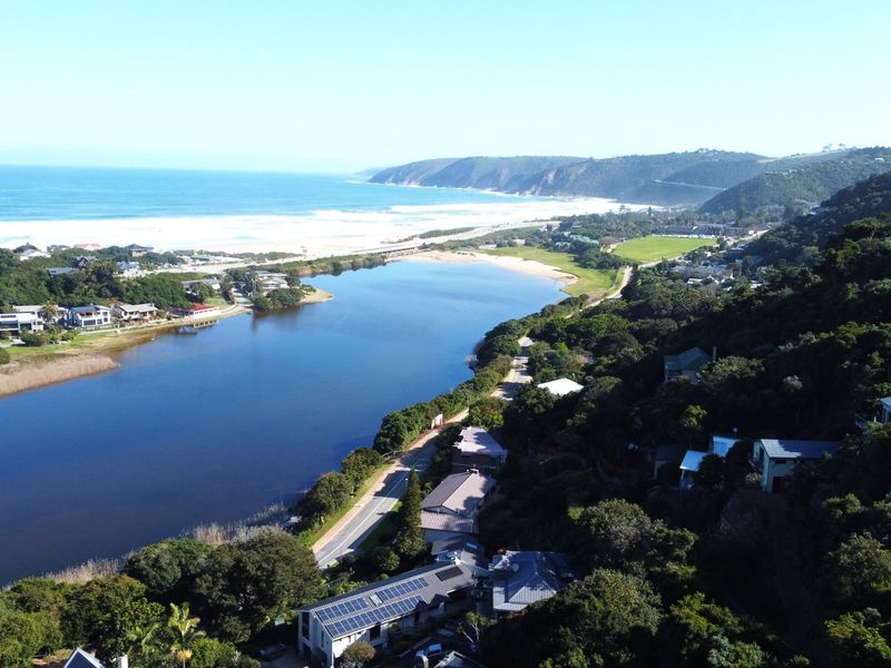 An aerial view of the coastal landscape, featuring an estuary, surrounding vegetation, and nearby residential properties.