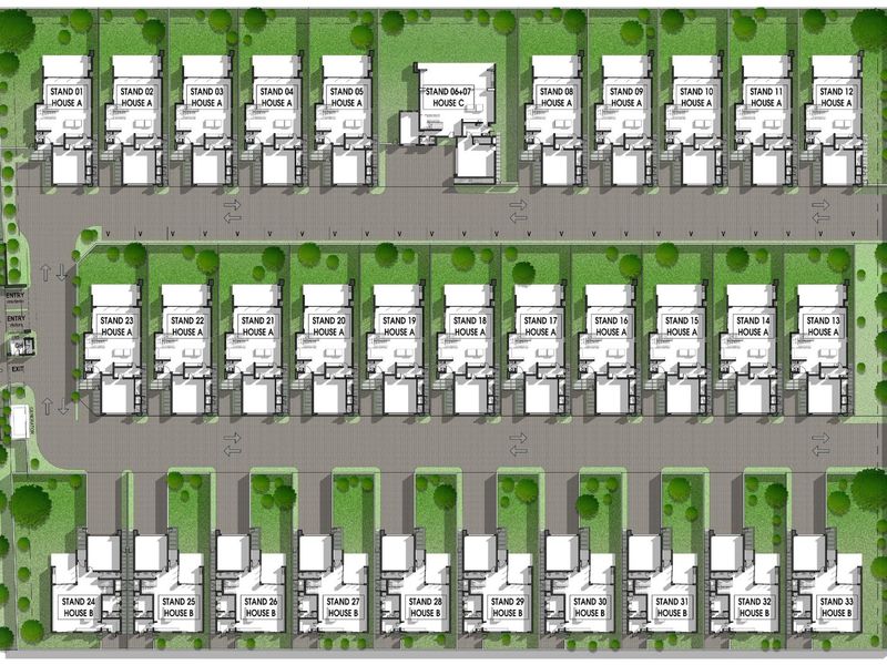 A comprehensive site development plan showing the layout of 33 residential stands, internal road network, and access points from Redhill Road.