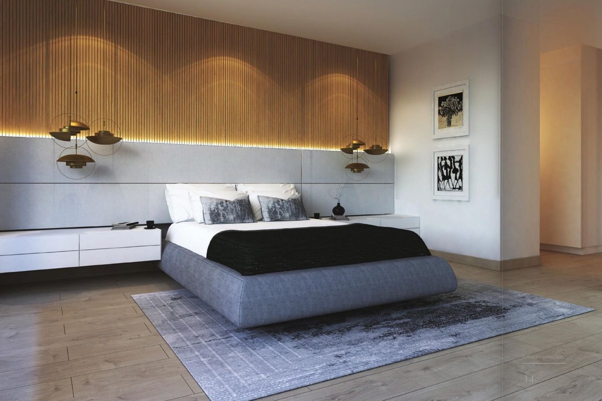 Modern bedroom featuring a timber slat feature wall with integrated LED lighting and floating bedside cabinetry, finished with high-quality timber flooring.