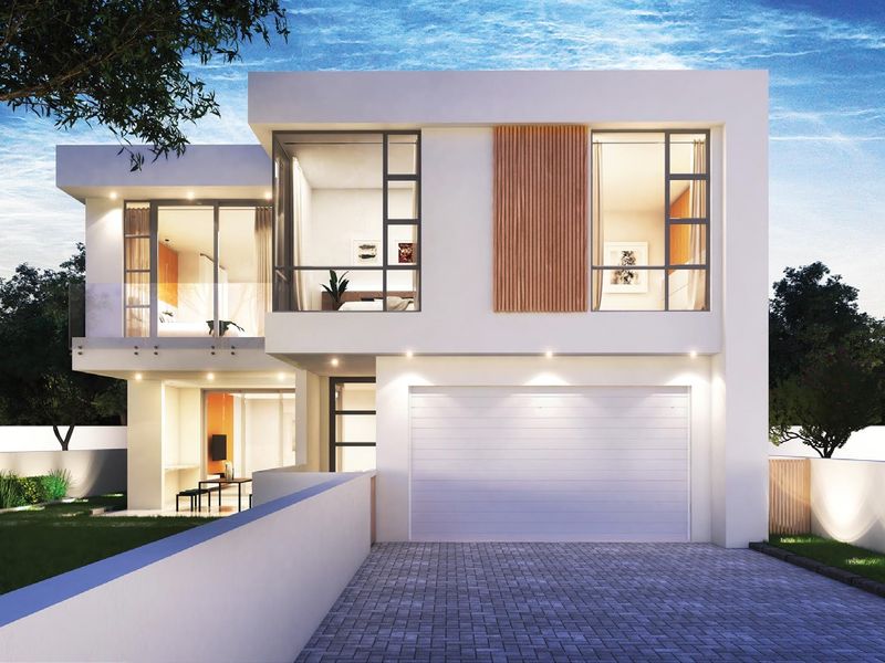 Modern two-story residential facade featuring a double garage, paved driveway, and upper-level balcony with contemporary timber accents and integrated lighting.