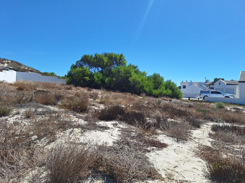 A vacant residential plot featuring sandy terrain and established coastal vegetation, situated in a developed neighborhood setting.