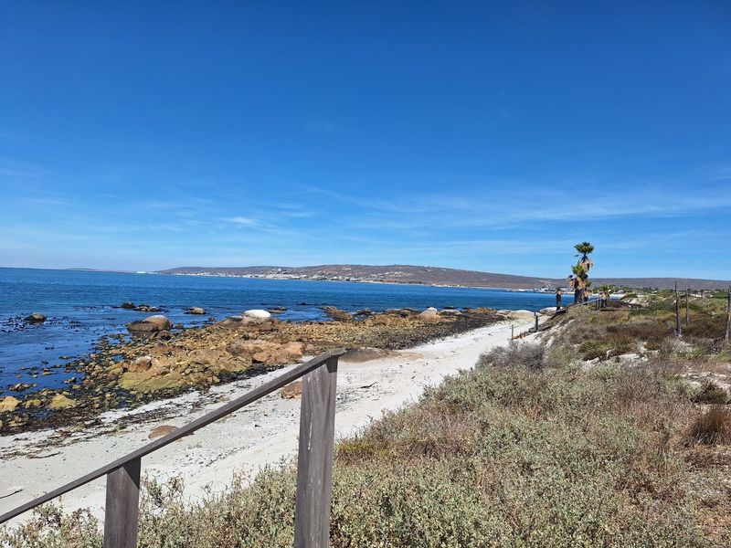 Scenic coastal view overlooking the rocky shoreline and ocean, featuring a wooden access path leading towards the beach.