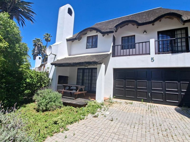 Front elevation of a two-story house featuring a traditional thatch roof, double garage, paved driveway, and a covered patio area.