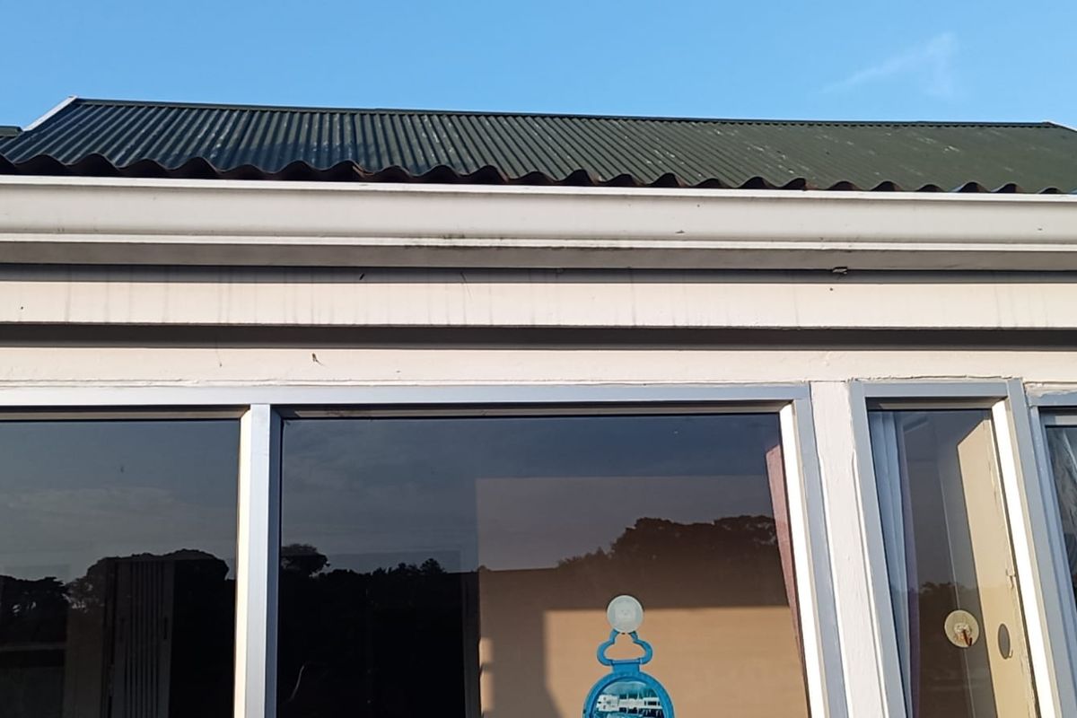 Exterior view of the property showing the corrugated metal roof, guttering, and aluminium window frames.