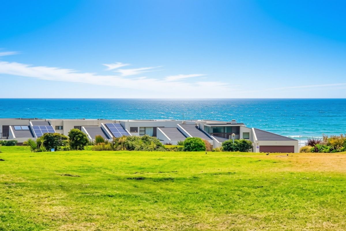 A rear exterior view of a townhouse complex featuring solar panels on the roof, overlooking a grassy lawn and the ocean.