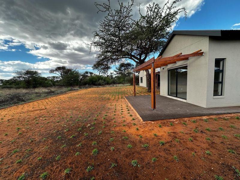 Rear view of the property featuring a paved patio with a timber pergola, sliding glass doors, and a newly landscaped garden area.