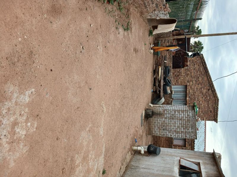 Rear exterior area featuring exposed brick walls and unpaved ground, requiring significant landscaping and maintenance to improve the property's outdoor space.