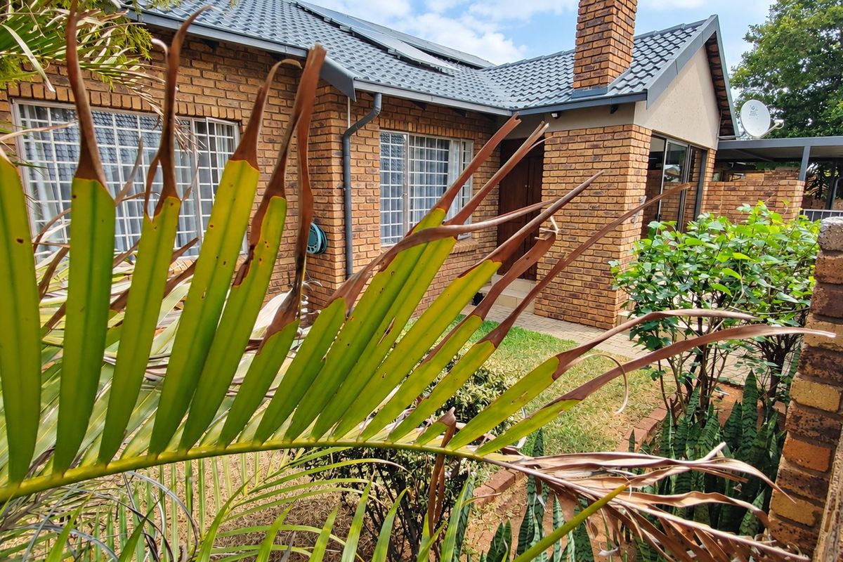 Rear view of a face brick townhouse featuring a tiled roof, brick chimney, and paved walkway, partially obscured by garden foliage.
