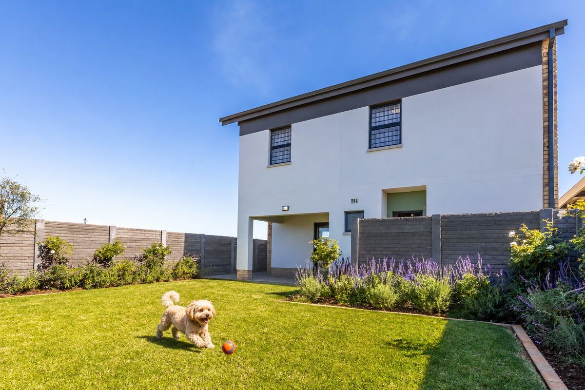 A well-maintained rear garden featuring a lawn, landscaped garden beds, and a covered patio area attached to the main dwelling.