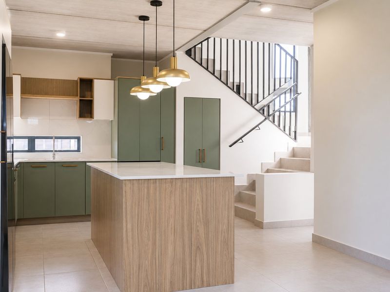 Modern open-plan kitchen featuring a central island, sage green and wood-tone cabinetry, stone countertops, and an adjacent staircase with a sleek metal balustrade.