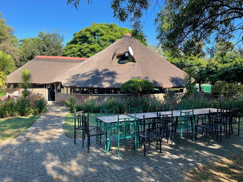A rear view of a property featuring a traditional thatch roof, brick exterior, and a paved patio area surrounded by landscaped gardens.
