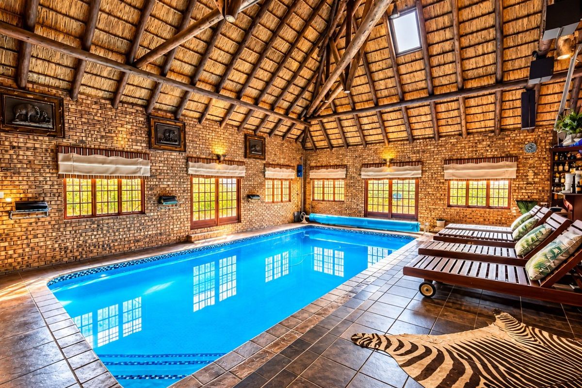 A luxurious indoor swimming pool area featuring a high exposed thatch roof, exposed brick walls, and large windows, creating a unique and inviting atmosphere.
