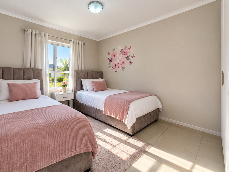 A well-maintained bedroom featuring neutral walls, tiled flooring, and built-in cupboards, offering a bright and comfortable living space.