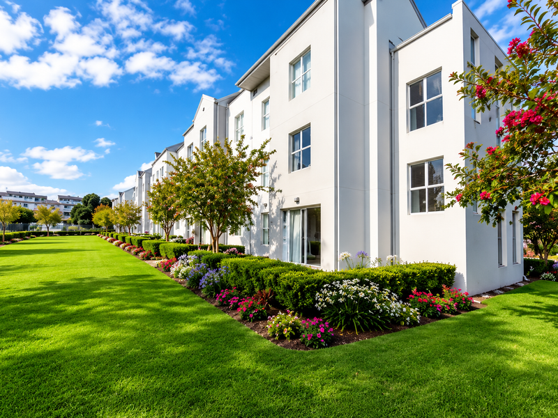 A well-maintained multi-story apartment complex featuring a large, manicured lawn and landscaped garden beds along the rear facade.