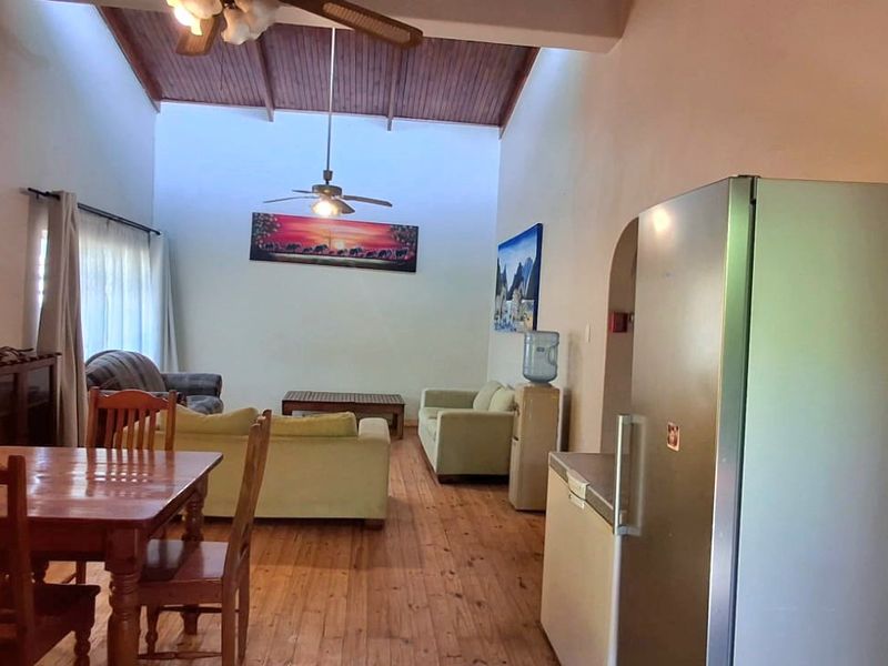 Spacious open-plan living and dining area featuring high timber ceilings, ceiling fans, and warm timber flooring throughout.