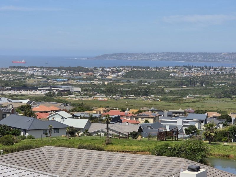 An elevated panoramic view overlooking the surrounding residential neighborhood, coastal landscape, and distant ocean horizon.