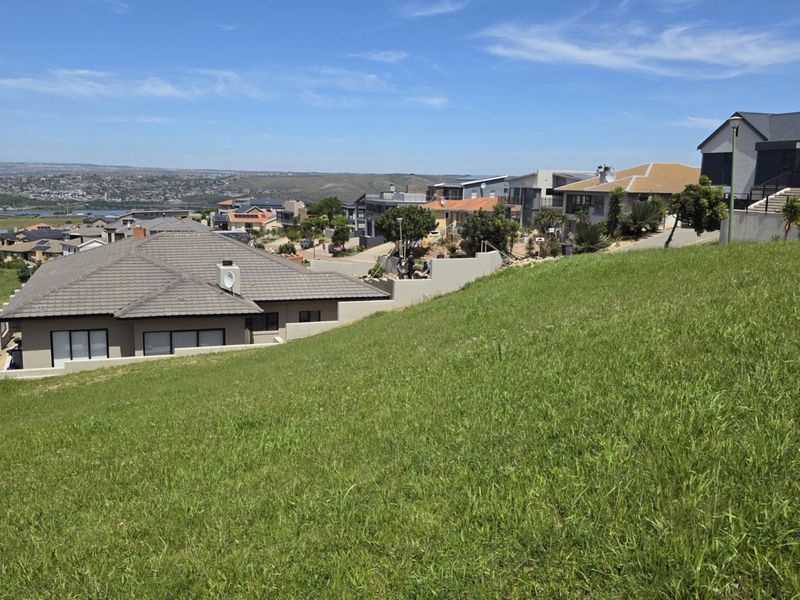 Elevated view overlooking a residential neighborhood with sloped grassy terrain in the foreground.
