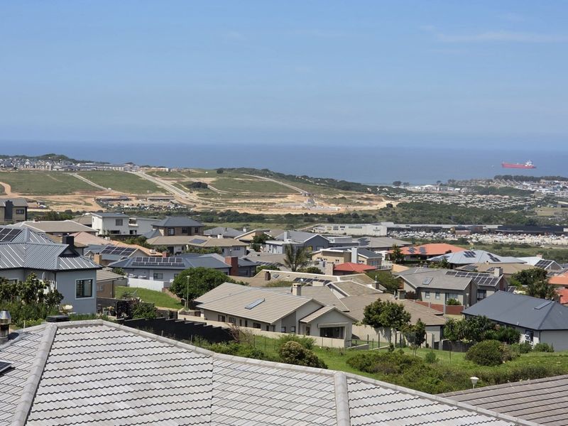 An elevated panoramic view overlooking a residential neighborhood with a distant coastal landscape and ocean horizon.