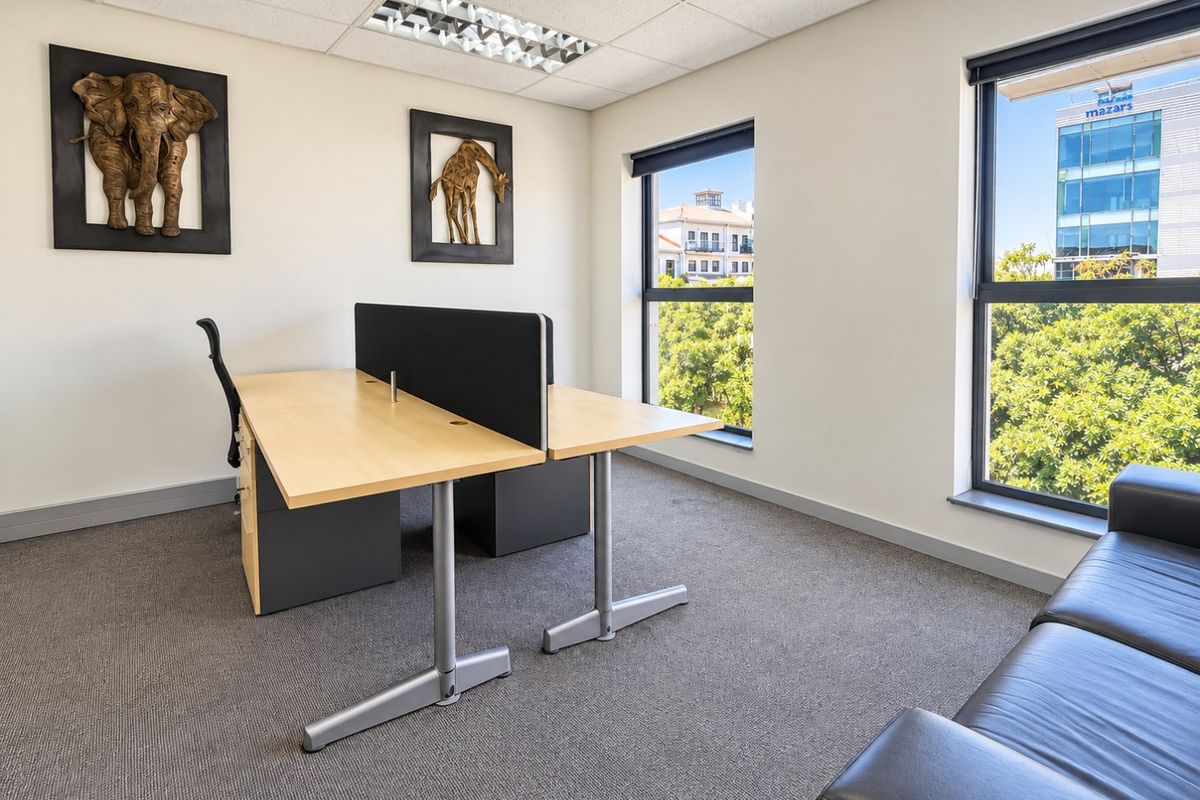 A bright and professional office space featuring carpeted flooring, recessed lighting, and large windows providing natural light and views of the surrounding area.