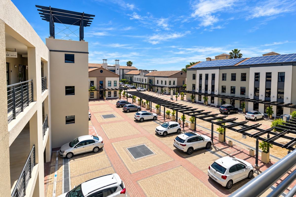 Elevated view of a well-maintained commercial office complex featuring paved parking, covered walkways with pergolas, and solar panel installations on the roof.