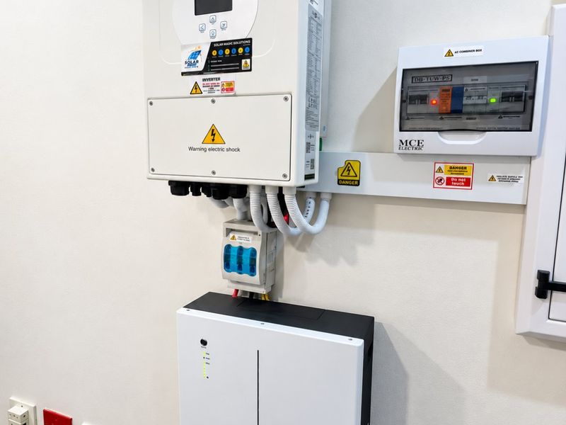 A clean, wall-mounted solar power system featuring a Sunsynk inverter, battery storage unit, and associated electrical distribution components.