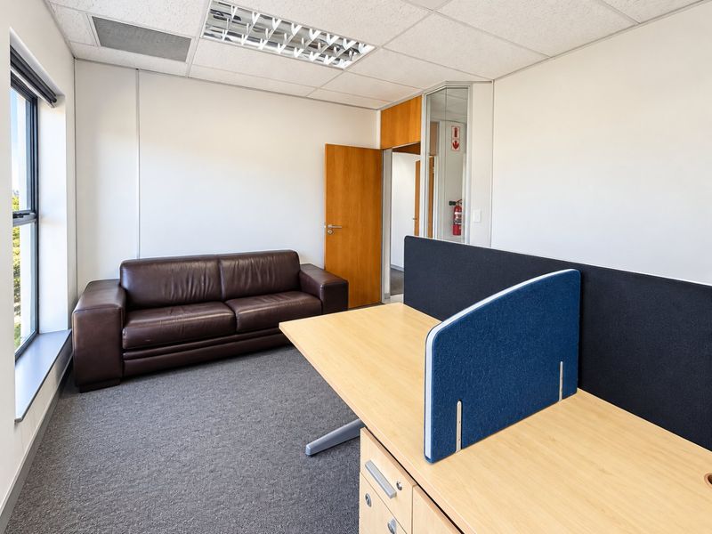 A functional commercial office space featuring carpeted flooring, a suspended ceiling with recessed lighting, and a large window providing natural light.