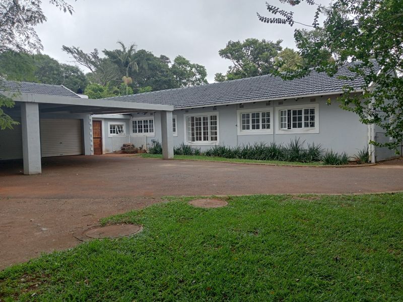 Front elevation of a single-story house featuring a spacious driveway, attached carport, and well-maintained exterior walls with classic casement windows.