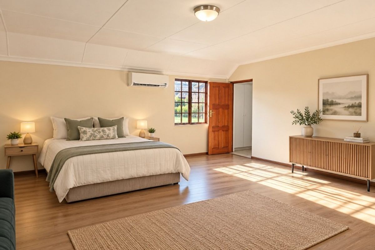 A spacious, well-lit bedroom featuring timber-look flooring, a split-system air conditioner, and a classic timber door leading to an adjoining space.