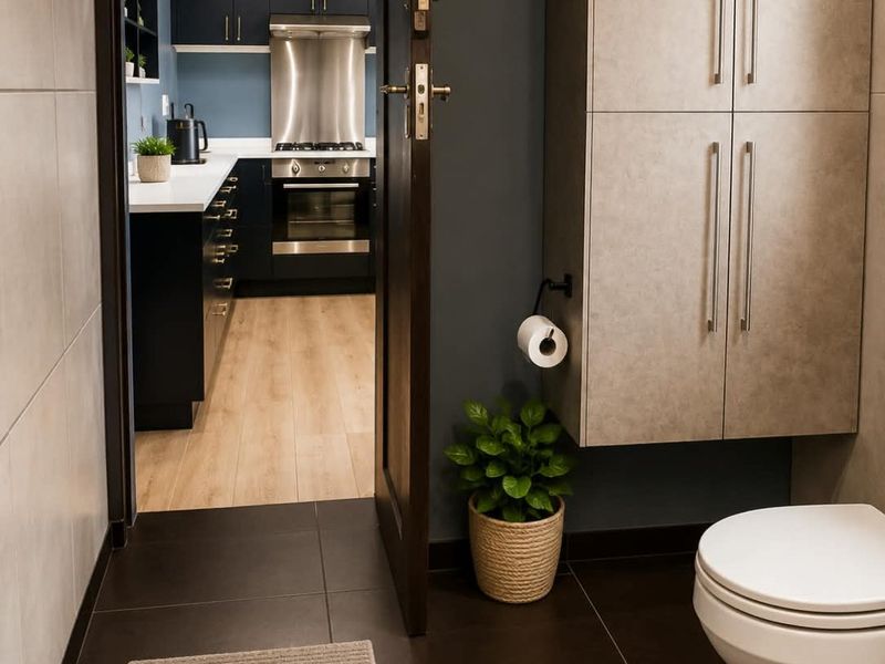 Modern bathroom featuring dark tiled flooring, a wall-mounted storage cabinet, and a toilet, with a view into an adjacent contemporary kitchen.