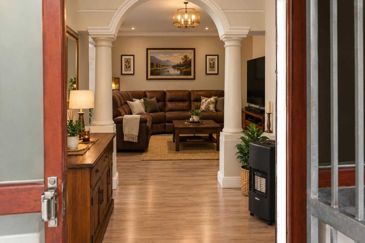 A welcoming living room featuring an elegant arched entryway with decorative columns, warm laminate flooring, and modern recessed lighting.