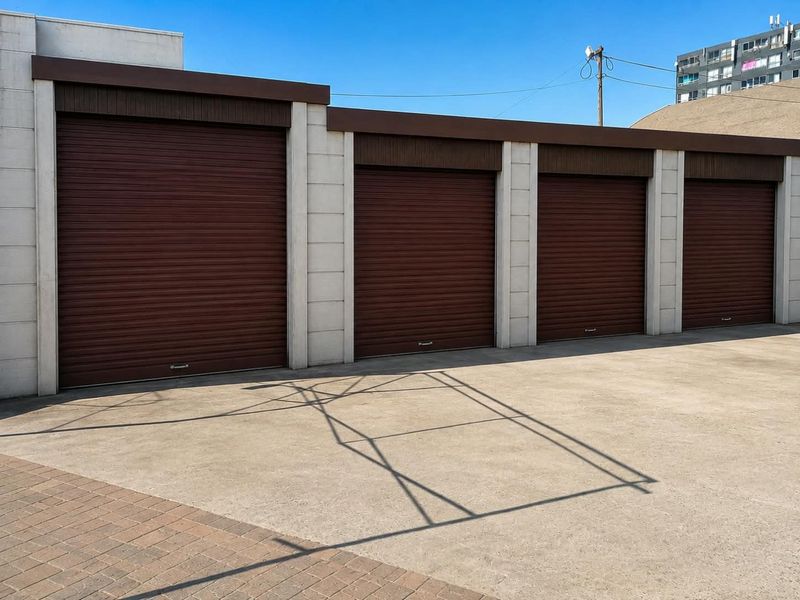 A row of four secure roller shutter garage doors with a spacious concrete driveway and paved entrance area.
