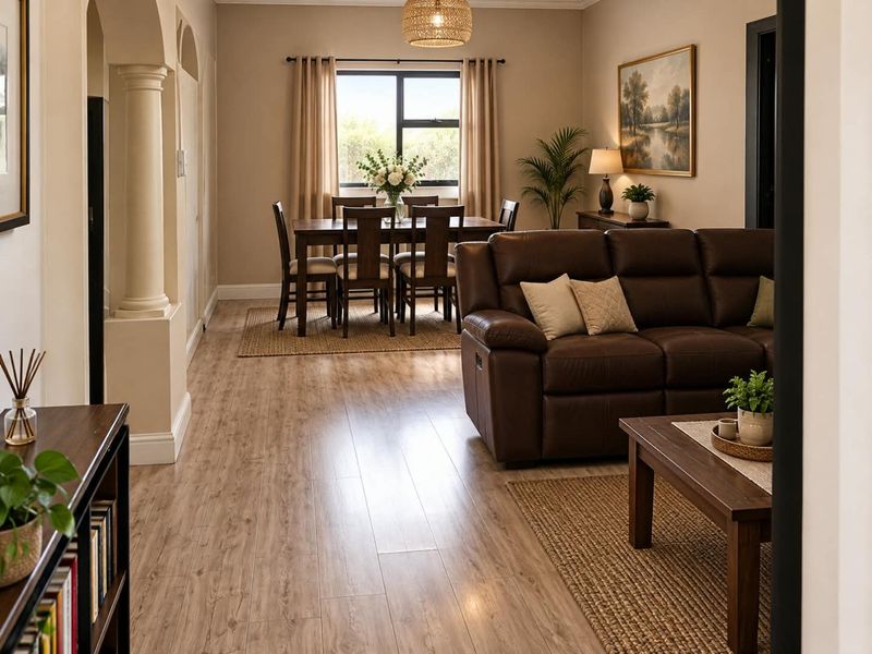 Spacious open-plan living and dining area featuring warm laminate flooring, elegant archways, and a decorative column, creating a cohesive and inviting atmosphere.