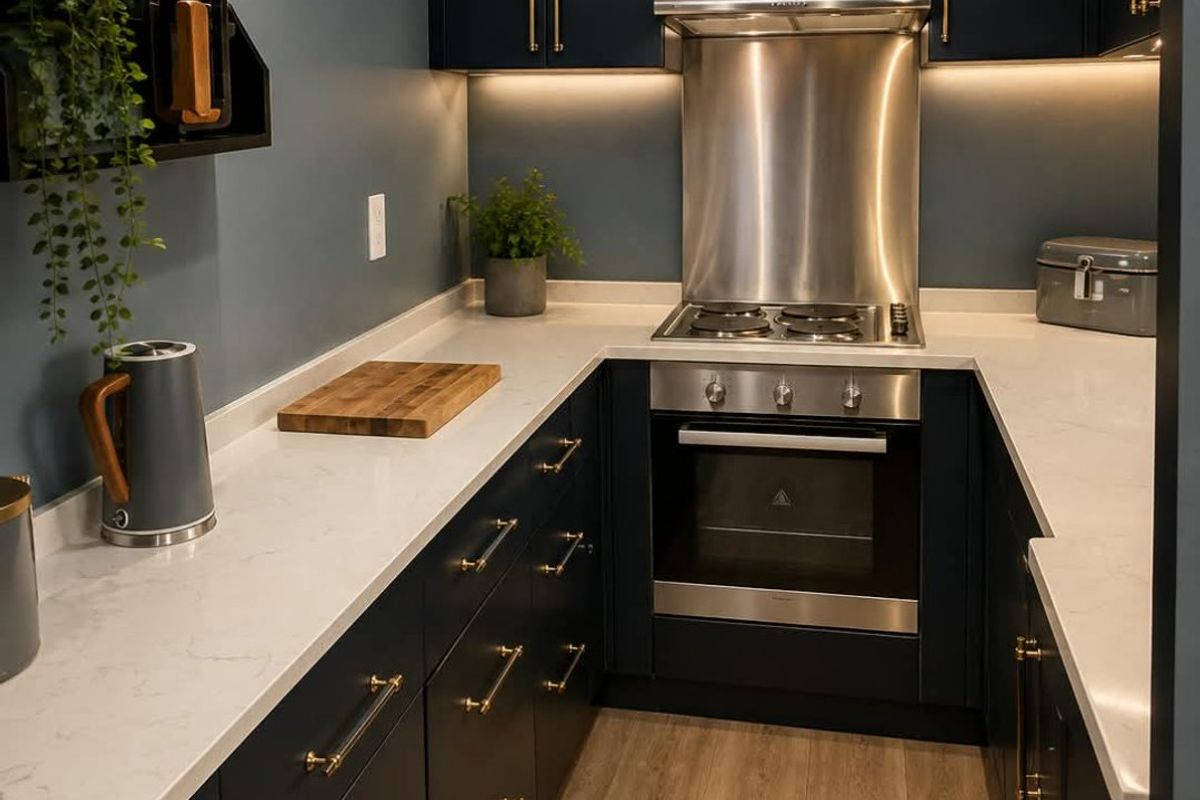 A modern, well-appointed galley kitchen featuring dark cabinetry, quartz countertops, stainless steel appliances, and warm under-cabinet lighting.