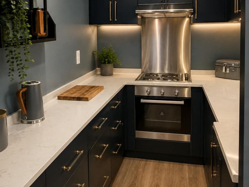 A modern, well-appointed galley kitchen featuring dark cabinetry, quartz countertops, stainless steel appliances, and warm under-cabinet lighting.