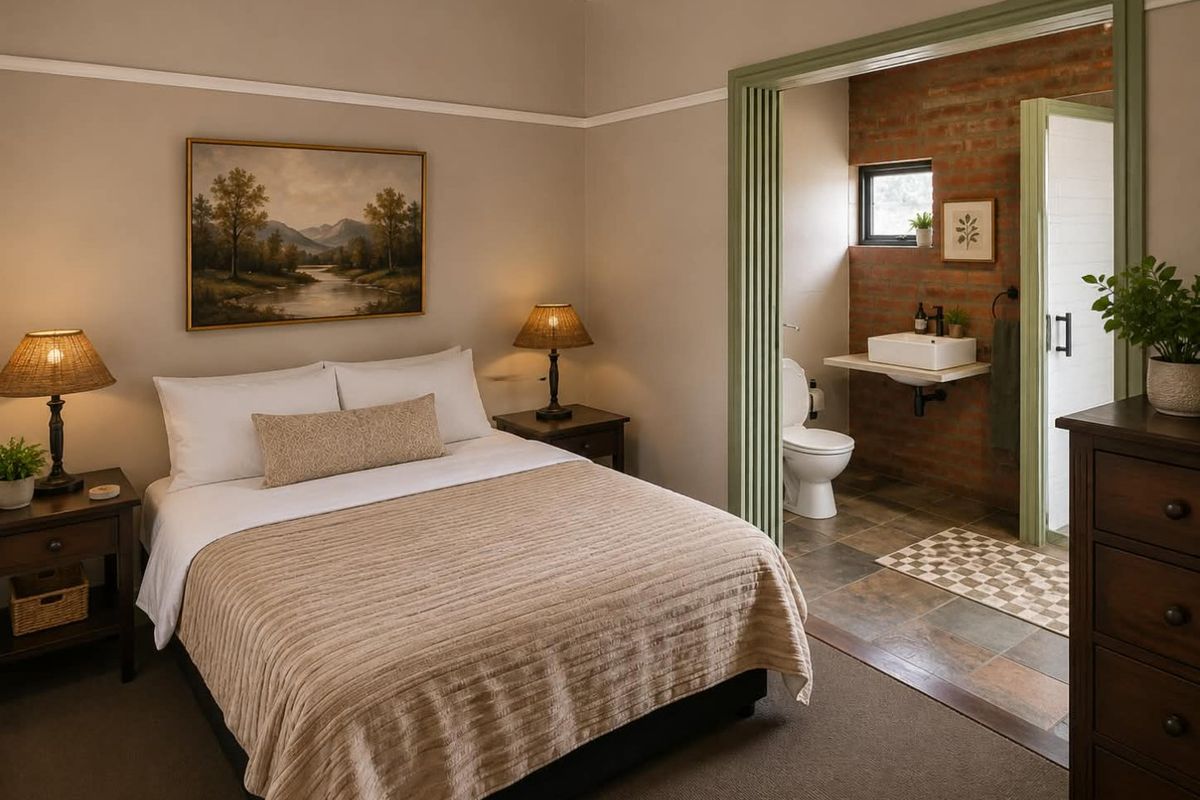 A well-maintained bedroom featuring a neutral color palette, picture rails, and an adjoining en-suite bathroom with exposed brickwork and modern fixtures.