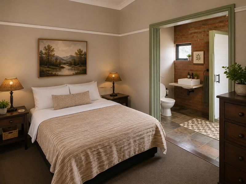 A well-maintained bedroom featuring a neutral color palette, picture rails, and an adjoining en-suite bathroom with exposed brickwork and modern fixtures.