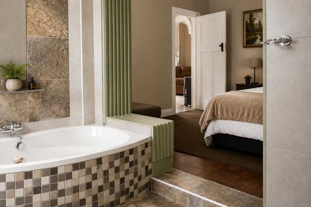 A well-maintained bathroom featuring a built-in bathtub with decorative mosaic tiling and stone-look wall accents, seamlessly transitioning into an adjacent bedroom.