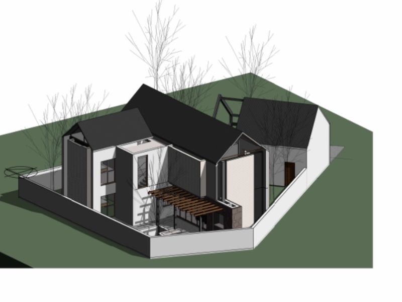 A 3D architectural rendering showing the proposed house design, including roof structure, boundary walls, and outdoor pergola area.