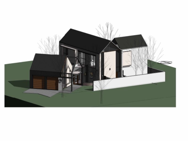 A 3D architectural render showing the exterior design and massing of a modern residential property with a double garage.