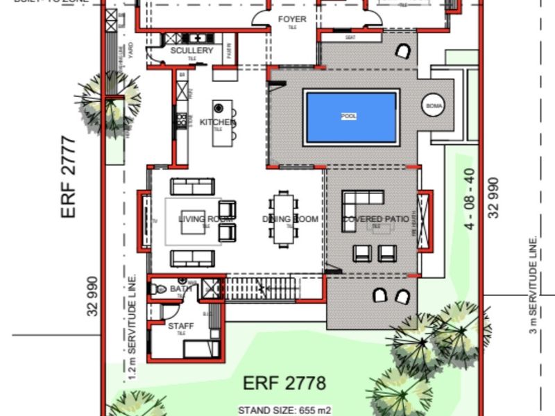 Architectural floor plan for a residential property featuring a double garage, central pool, and open-plan living areas.