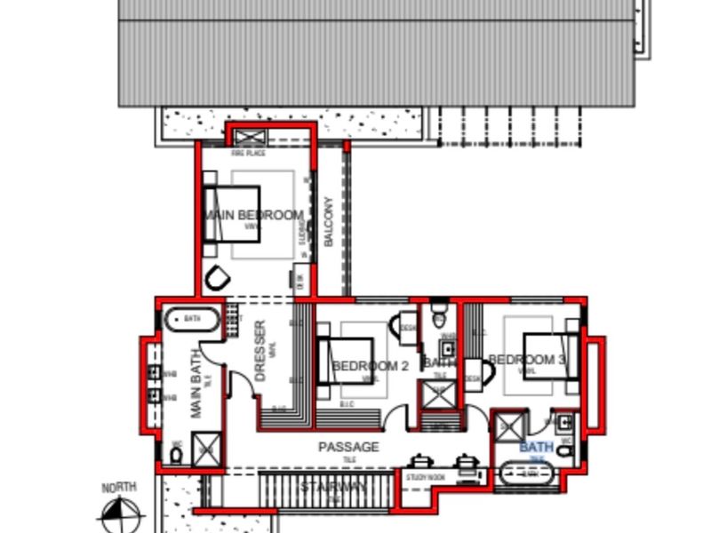 Architectural first floor plan showing the layout of the main bedroom with en-suite, two additional bedrooms, shared bathrooms, and balcony access.