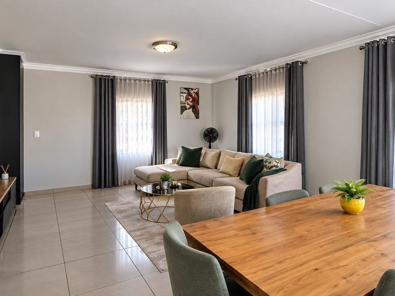 A spacious open-plan living and dining area featuring modern tiled floors, a stone feature wall, and neutral finishes throughout.