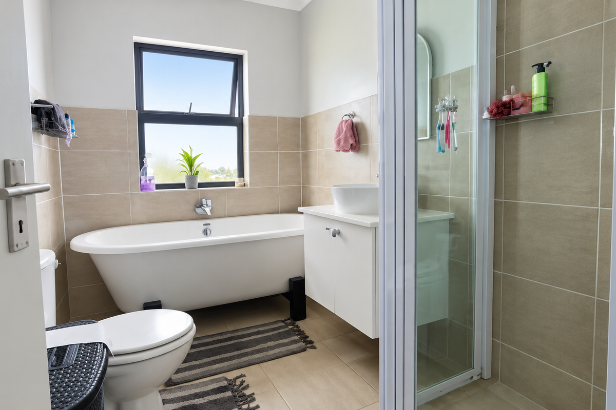 A modern bathroom featuring a freestanding bathtub, a vessel sink vanity, and a separate glass-enclosed shower with neutral wall and floor tiling.