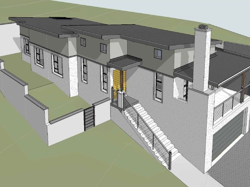 An aerial 3D architectural rendering of a modern residential property featuring a garage, external staircase, and chimney.