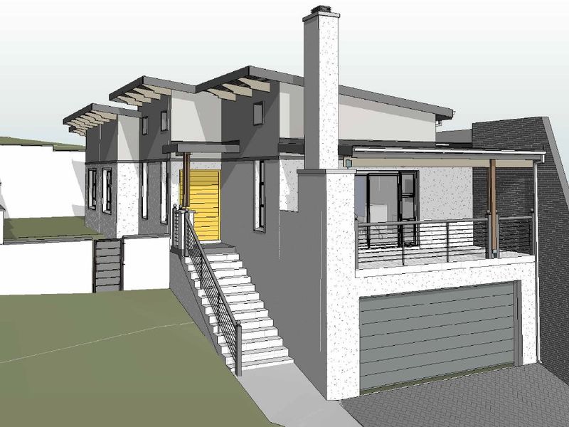 A 3D architectural render of a modern residential property featuring a garage, elevated balcony, and external staircase.