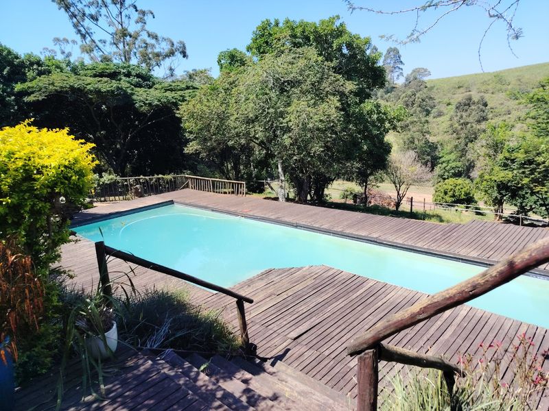 Outdoor swimming pool area featuring extensive timber decking, wooden railings, and stairs, set against a scenic natural landscape.