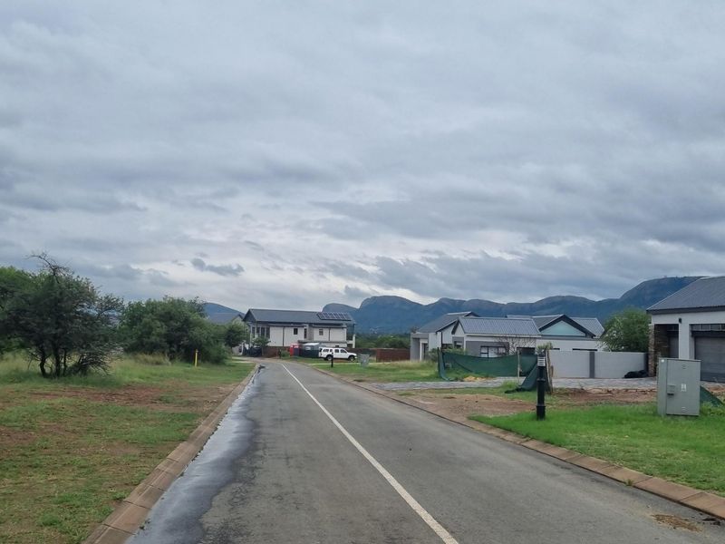 A view of the paved residential street within the estate, featuring surrounding vacant land, established homes, and scenic mountain views in the distance.