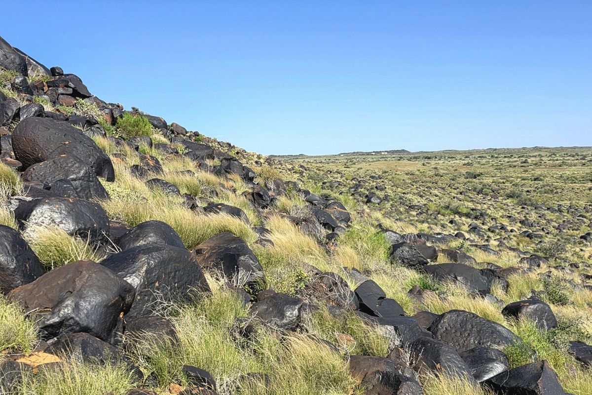 Expansive view of the natural farm landscape featuring rocky terrain and native grasses under a clear blue sky.