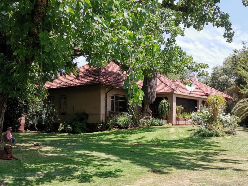 A view of the rear elevation of a brick farmhouse featuring a terracotta tile roof and a covered patio set within a mature garden.