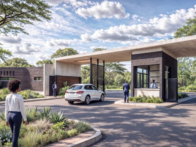Modern residential estate entrance featuring a secure gatehouse, concrete architectural canopy, and well-maintained landscaped surroundings.